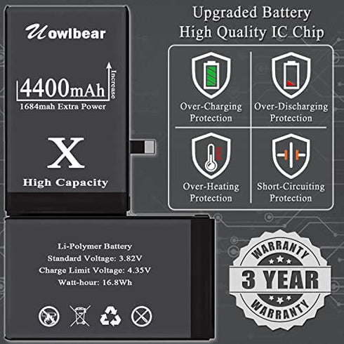 uowlbear Battery for iPhone X, 4400mAh Rechargeable Battery for A1865 A1901 A1902 with Complete Replacement Kits, 2 Set Adhesive Strips and Seal -0 Cycle High Capacity
