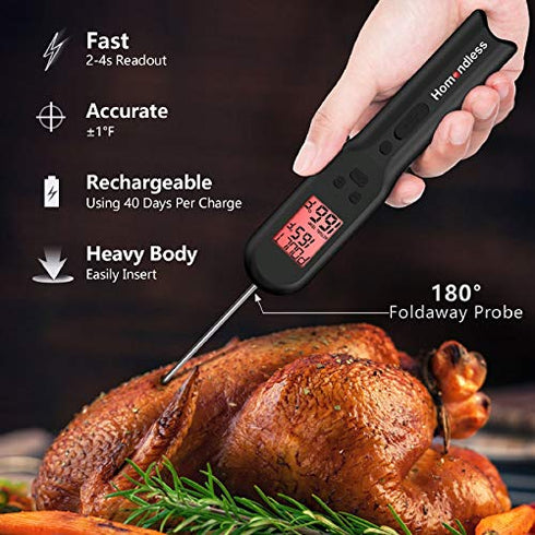 Meat Thermometer with Rechargeable Battery, Digital Kitchen Food Cooking Thermometer Accurate for Candy Oil BBQ Grill Smoker, Built-in Food Temperature Guide, Alarm, LCD Backlight, IPX7 Waterproof
