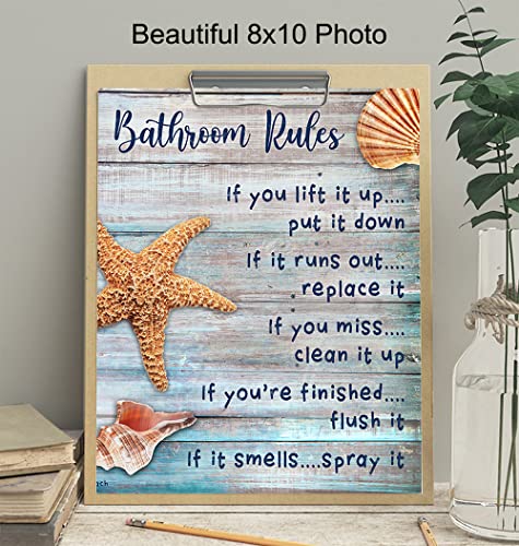 Beach Bathroom Decor - Coastal Nautical Rustic Bathroom Decor -Starfish, Seashells Restroom, Bath Art - Ocean, Sea House Wall Art, Home Decoration - Unique Shabby Chic Gift - Blue Sign 8x10 Photo