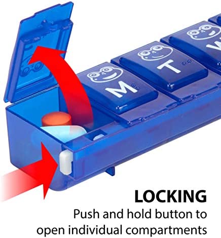 EZY DOSE Kids Weekly (7-Day) Pill Planner, Medicine Case, Vitamin Organizer Box, Large Locking Compartments to Secure Prescription Medication and Prevent Accidental Spilling, Color May Vary