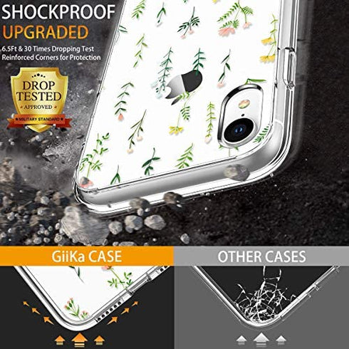 GiiKa iPhone XR Case with Screen Protector, Clear Heavy Duty Protective Case Floral Girls Women Shockproof Hard PC Back Case with Slim TPU Bumper Cover Phone Case for iPhone XR, Small Grass