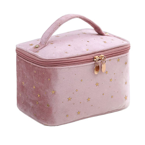HOYOFO Velvet Makeup Bag with Handle Cosmetic Bags with Makeup Brush Holder Travel Make up Bag for Women, A Pink