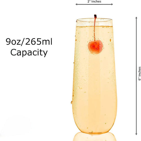 24 Pack Stemless Plastic Champagne Flutes 9 Ounce | Unbreakable Disposable Clear Toasting Glasses | Shatterproof Recyclable for Wedding/Party (PET)