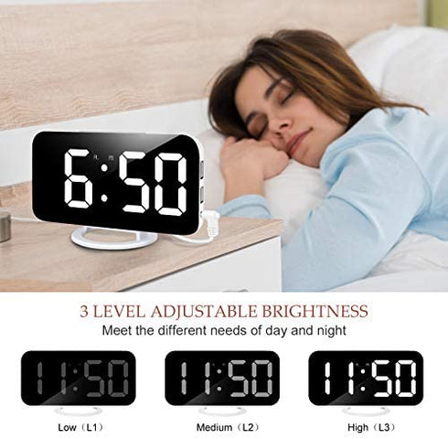 Lamisola Digital Alarm Clock, Large LED Mirror Display, 2 USB Charging Ports?Auto Dim Mode?Modern Design Clock for Bedroom Office, White