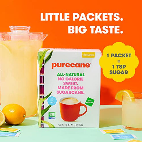 Purecane Zero Calorie Sugar Substitute, Made from All-Natural Sugar Cane, Diabetic Friendly, Keto Diet Friendly, Gluten-free, Zero Net Carbs, 100 Count Sachets, 4.5 Ounce