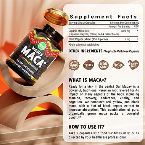 Strong Organic Maca Capsules 60,000 MG Bottle + Black, Yellow, Red Root, w/ Black Pepper Extract for Absorption, Roots Grown in Peru, Peruvian Powder, Men & Women Supplement