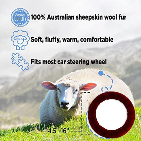 ANDALUS Brands Australian Sheepskin Wool Steering Wheel Cover for Women & Men-Universal 15 Inch Steering Wheels & Accessories - Eco-Friendly Wheel Cover for Car-Car Accessories (Burgundy/ Dark Red)
