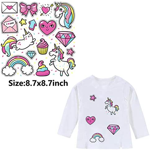 Kids Iron on Stickers Patches Unicorn Heat Transfer Stickers 4 Sheets Cute Applique Patches for Unicorn Party Favors Supplies Girls Baby DIY Unicorn Costume Accessories Washable Iron on Stickers