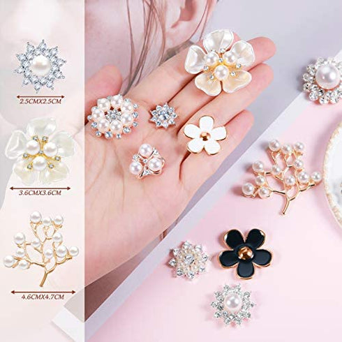 44 Pieces Pearl Rhinestone Buttons Embellishments Buttons Faux Pearl Buttons Flat Back Flower Rhinestone Buttons for Jewelry Making Wedding DIY Decor Clothes Bag Shoes Craft, 11 Styles