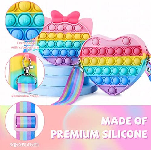 OUMEE 2 Pack Pop Purse Bag Fidget Toys for Girls, Easter Gift Rainbow Pop Fidgets Shoulder Bag Crossbody, Silicone Push Bubble Popper Backpack Easter Decoration Pop Toy for Stress Relief (Cat&Heart)