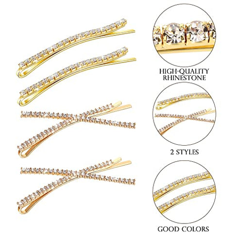 12 Pieces Rhinestone Bobby Pins Decorative Fancy Crystal Hair Clips Shiny Metal X Shaped Barrettes Bling Diamond Wedding Bridal Shower Hair Accessories for Women Ladies Girls (Gold, Fresh Style)