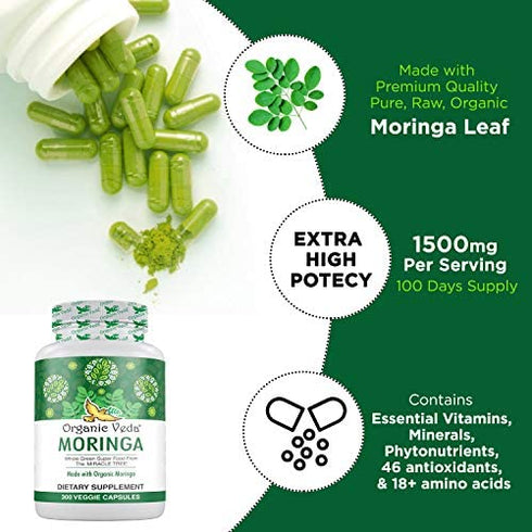 Organic Veda Moringa Capsules – 100% Pure Moringa Supplement Made from Organic Raw Dried Moringa Leaf - Non-GMO Whole Green Super Food Nutrition (300 Count)