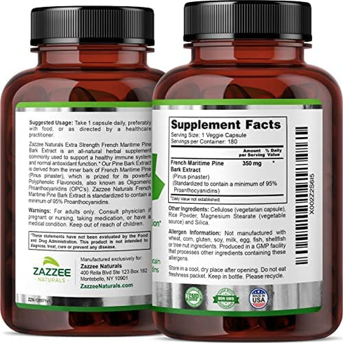 Zazzee Extra Strength French Maritime Pine Bark Extract, 350 mg Per Capsule, 180 Vegan Capsules, 95% Proanthocyanidins, 6 Month Supply, Non-GMO and All-Natural