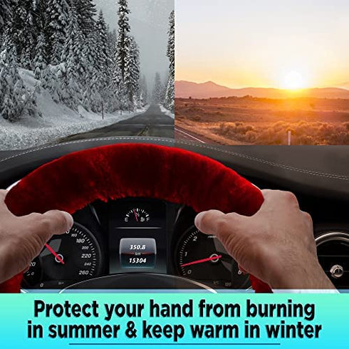 ANDALUS Brands Australian Sheepskin Wool Steering Wheel Cover for Women & Men-Universal 15 Inch Steering Wheels & Accessories - Eco-Friendly Wheel Cover for Car-Car Accessories (Burgundy/ Dark Red)