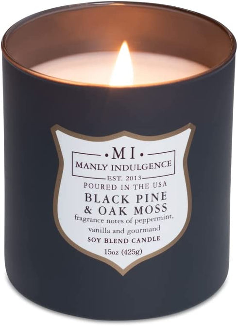 Manly Indulgence Black Pine & Oak Moss Scented Jar Candle, Signature Collection, Soy Wax Blend, Wooden Wick, 15oz, Gray