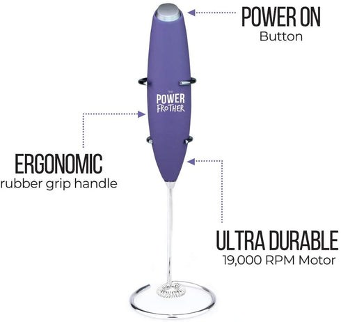 Milk Frother - Purple Power Frother by Omega PowerCreamer - Ultra Durable Electric Handheld - Battery Operated for Coffee, Protein Powder, Collagen, Pre-Workout - Quiet & High Powered - Stand Included