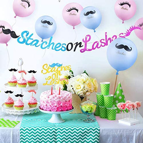 50 Pieces Staches or Lashes Set Include Gender Reveal Banner Cake and Cupcake Topper Balloons for Boy or Girl Baby Shower Birthday Party Decorations Kits (Blue and Pink)