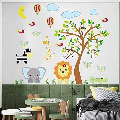 Supzone Jungle Animal Wall Stickers Monkey Tree Wall Decals Elephant Giraffe Zebra Vinyl Forest Animal Wall Stickers DIY Removable Home Decoration Baby Nursery Girl Boy Kids Room Wall Decor