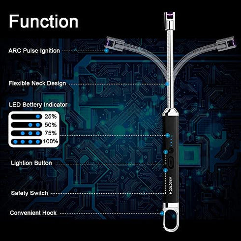 ARECTECH Lighter Electric Lighter Arc Candle Lighter Flameless Rechargeable Lighter USB Long Lighters for Candle Cooking BBQs Fireworks Black