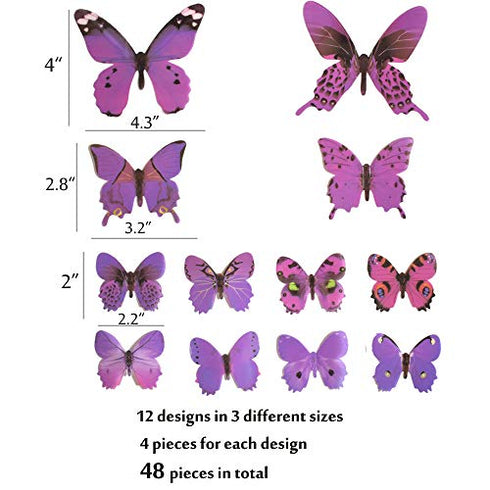 48pcs Purple Butterflies Wall Decoration, 3D Butterflies Wall Stickers for Girl Bedroom, Removable Butterflies Decor