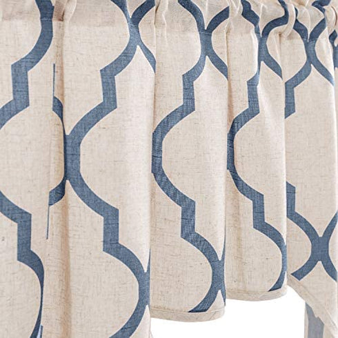 JINCHAN Valance Swag Moroccan Tile for Bedroom- Quatrefoil Flax Linen Blend Textured Geometry Lattice Print Window Treatment for Living Room 1 Panel 38 Inch Length Blue on Beige