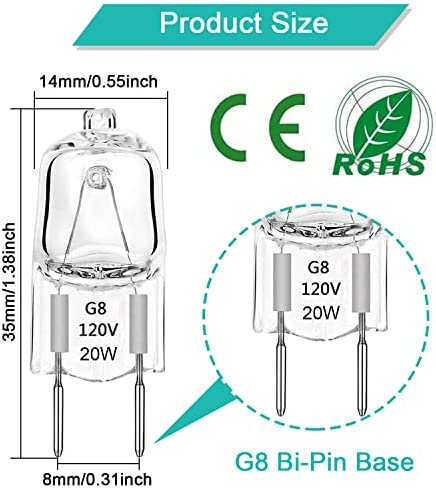 TAIYALOO G8 Halogen Light Bulbs 20W Dimmable 120V G8 Base 2Pin Xenon Bulb (12 Pack) T4 JCD Type Warm White Under Cabinet Puck Lighting Replacements