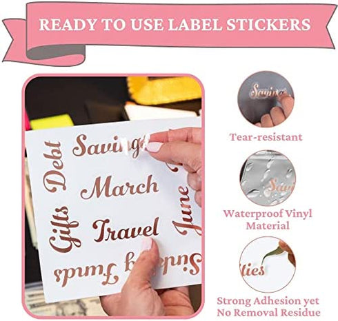 Budget Binder Label Stickers for Cash Envelopes, 42 Rose Gold Budgeting Labels, Personalized Sticker for Wallet Monthly Planners Bills Coupon Savings Money Organizer, Waterproof Vinyl Letter Decal
