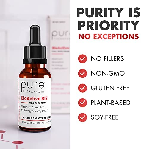 BioActive Vegan Vitamin B12 Sublingual Liquid Supplement - B12 Liquid Vitamin Drops with Hydroxocobalamin, Adenosylcobalamin & Methylcobalamin 1,000 mcg per Drop (4 Drops a Day for a 90-Day Supply)