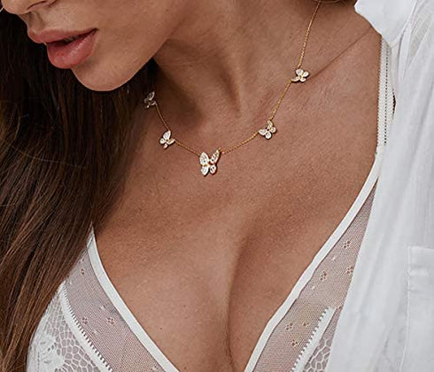 SUNXN Butterfly Necklace Dainty 18K Gold Butterfly Choker Pendant Necklace for Women Daughter Jewelry Birthday Gifts (Gold)