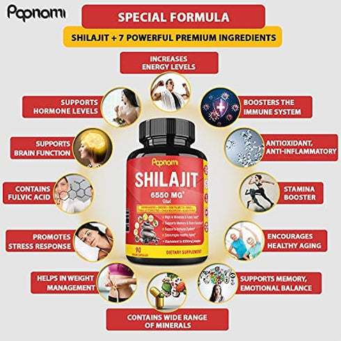 Shilajit Extract Capsules equivalent to 6550mg & Ashwagandha, Ginseng, Saw Palmetto, Maca, Tribulus, Chaga, Pepper | Trace Minerals Fulvic Acid|Immune Support, Brain Boost Supplement, 3 Months Supply