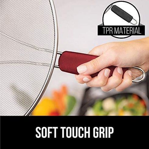 Gorilla Grip Splatter Screen for Frying Pan, Easy Clean Stainless Steel Grease Cover, Stop Hot Oil and Bacon Splash, Cooking Guard for Skillet, Comfortable Handle, Dishwasher Safe, 9.8 Inch, Red