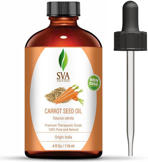 SVA Organics Carrot Seed Carrier Oil with Dropper- 118 ml (4 fl. oz.) 100% Pure, Natural, Cold Pressed and Therapeutic Grade for Moisturized Skin, Shiny Hair, Aromatherapy & Massage