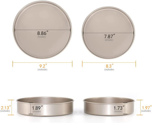Bakestudio Round Cake Pans Set of 2, Tier Deep Baking Pans for Party, Non-Toxic Nonstick Durable, Warp-Resistant Food Safe Coating, Gold (9.2 Inch & 8.3 Inch)