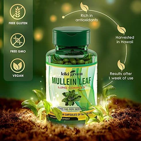 KIKI Green Mullein Leaf Herb Capsules -1000 mg Herbal Lung Cleanse, Respiratory and Lung Health, Lung Detox for Smokers, Mullein Tea Bags for Lungs | 90 Vegan Pills