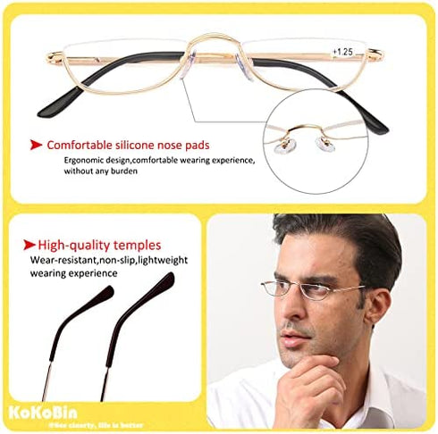 KoKoBin Half Reading Glasses - 2 Pairs Half Rim Metal Frame Glasses Spring Hinge Readers for Men and Women, Black+Gold 3.00