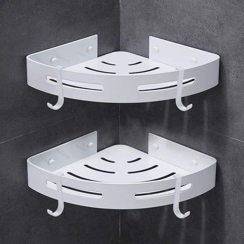 Gricol Shower Caddy Bathroom Corner Shelf with Hooks, Shampoo Holder Organizer, No Drilling Adhesive Basket Storage Wall Mounted Bathtub Organizer, 2 Pack