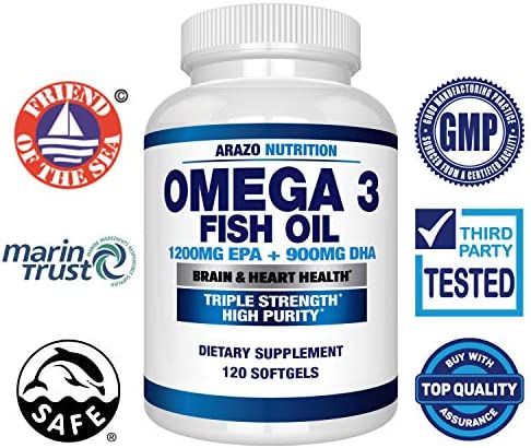 Omega 3 Fish Oil 4,080mg - High EPA 1200mg + DHA 900mg Triple Strength Burpless Softgels - Arazo Nutrition (120 Soft Gels)