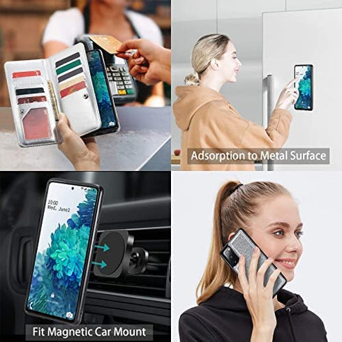 Varikke Samsung S20 FE Case Wallet, Case for Samsung S20 FE 5G with 9 Card Holders & Magnetic Detachable Cover & Kickstand & Lanyard Strap Glitter PU Leather Folio Flip Case for Galaxy S20 FE, Silver