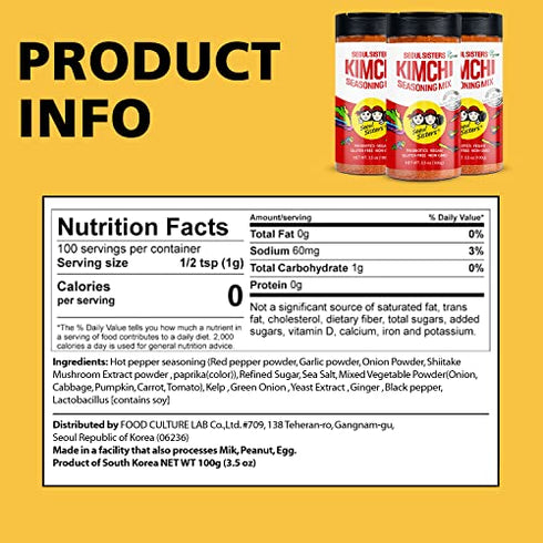 SEOUL SISTERS Korean Kimchi Powder Seasoning Mix 3.5 oz (100g) 1EA - ORIGINAL Spicy Seasoning Mix, Rich in Probiotics, Delicious Barbecue Dry Rub for Chicken Pork Fish Vegetables