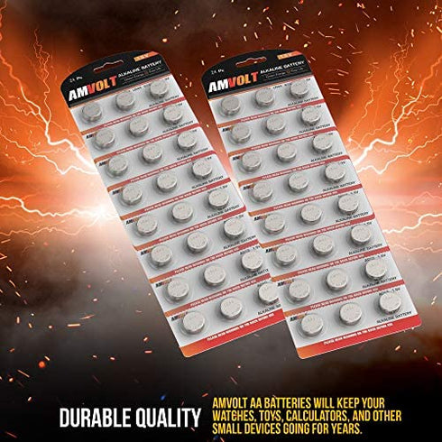 AmVolt- Pack of 24 LR44 Batteries AG13 SR44 357 303 Premium Alkaline Non Rechargeable Button Battery, 1.5 Volt Small Batteries for Watches Clocks & Electronic Devices