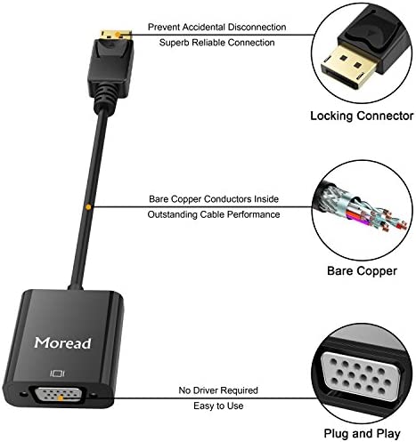 Moread DisplayPort (DP) to VGA Adapter, Gold-Plated Display Port to VGA Adapter (Male to Female) Compatible with Computer, Desktop, Laptop, PC, Monitor, Projector, HDTV - Black