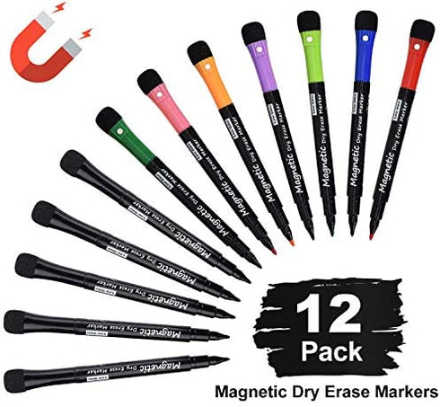 Magnetic Dry Erase Markers, Browill Fine Tip Low Odor Whiteboard Markers for Kids & School, Work On White board & Calendar, Refrigerator (12 Pack)