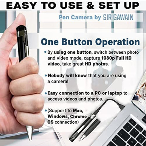 SIRGAWAIN Hidden Spy Camera Pen 1080p - Nanny Camera Spy Pen Full HD Loop Recording or Picture Taking - Wireless Hidden Security Cam with Wide Angle Lens, Discrete Rechargeable