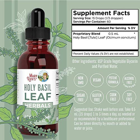 Holy Basil by MaryRuth's | Sugar Free | Tulsi Holy Basil Herbal Liquid Drops | Antioxidant | Cognitive Function, Digestive Support, Energy Levels | Vegan | Non-GMO | 1 Fl Oz