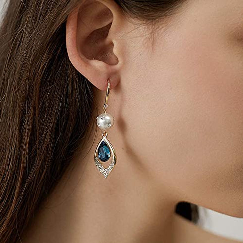Elegant Blue Crystal Teardrop Dangle Earrings for Women,Giftable Weddings Jewelry for Bride Bridesmaid,14K Gold and Blue Zircon Drop Earrings