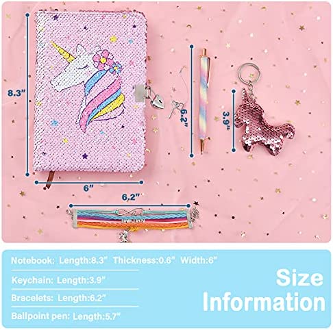 Magic Unicorn Notebook Set - Sequins Journals Unique Gift for Girls Travel School Office Notepad Memos A5 Diary Notebooks Unicorn Gel Pen Bracelet Key-chain with Locks and Keys