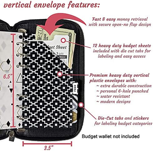 Vertical Tabbed Plastic Cash Envelopes for Budget Planner Wallet - Budget Envelopes, Budget Sheets for Cash Envelope System, Coupon Organizer, Financial Planner, Money Envelopes for Cash Budgeting