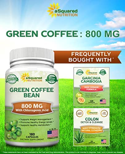 Natural Green Coffee Bean Formula - 180 Capsules - Max Strength GCA Antioxidant Cleanse for Pure Weight Loss, 800mg per Pill - with Chlorogenic Acid - 1600mg Daily Supplement, Healthy Fat Burner