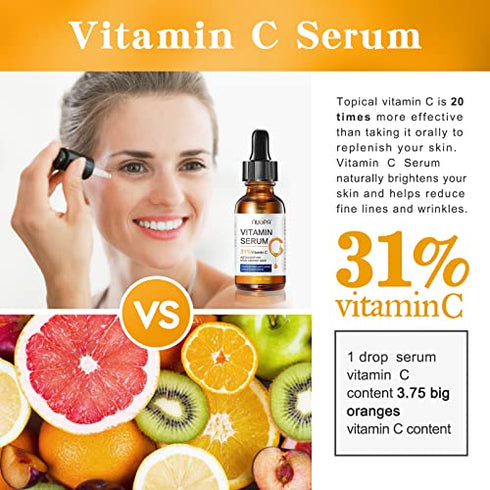 Vitamin C Serum for Face 2oz 31% Vitamin C Facial Moisturizer Serum Anti Aging Serum Reduces Age Spots and Sun Damage Natural Brightening Serum with Hyaluronic Acid and Astaxanthin