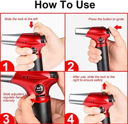 Blow Torch, Professional Kitchen Cooking Torch with Lock Adjustable Flame Refillable Mini Blow Torch Lighter for BBQ, Baking, Brulee Creme, Crafts and Soldering(Butane Gas Not Included)